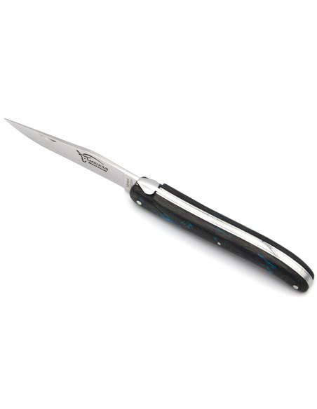 Laguiole pliant 12 cm, abeille forgée, lame seule, plein manche en fibre de carbone bleue sans croix du berger