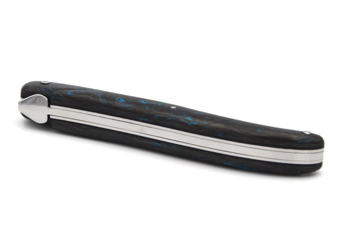 Laguiole pocket knife, 12 cm, forged bee, blue carbon fiber full handle without Shepherd's cross
