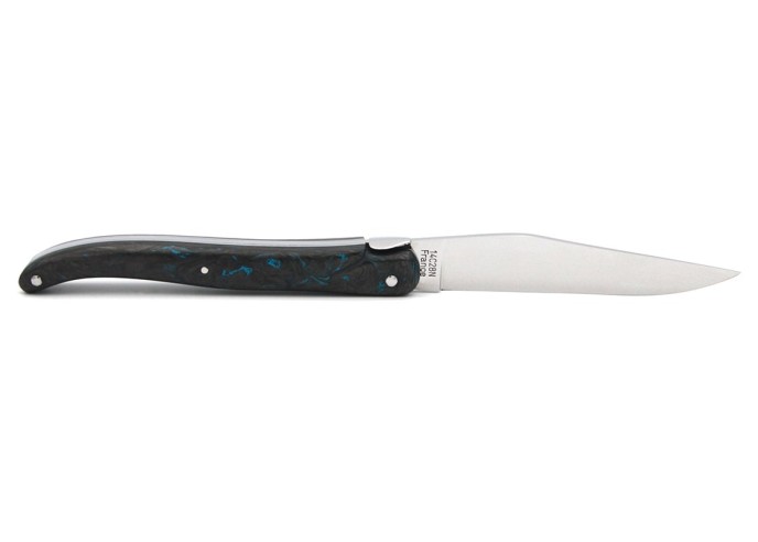 Laguiole pocket knife, 12 cm, forged bee, blue carbon fiber full handle without Shepherd's cross