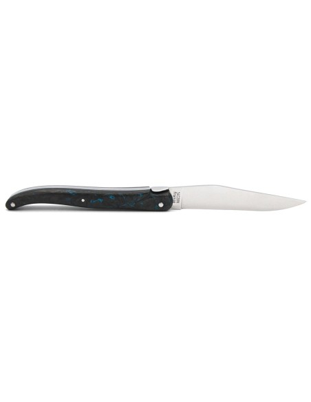 Laguiole pocket knife, 12 cm, forged bee, blue carbon fiber full handle without Shepherd's cross