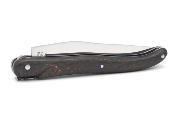 Laguiole Klappmesser, 12cm, Geschmiedete Biene, voller Griff aus Orange & Violett Carbonfaser