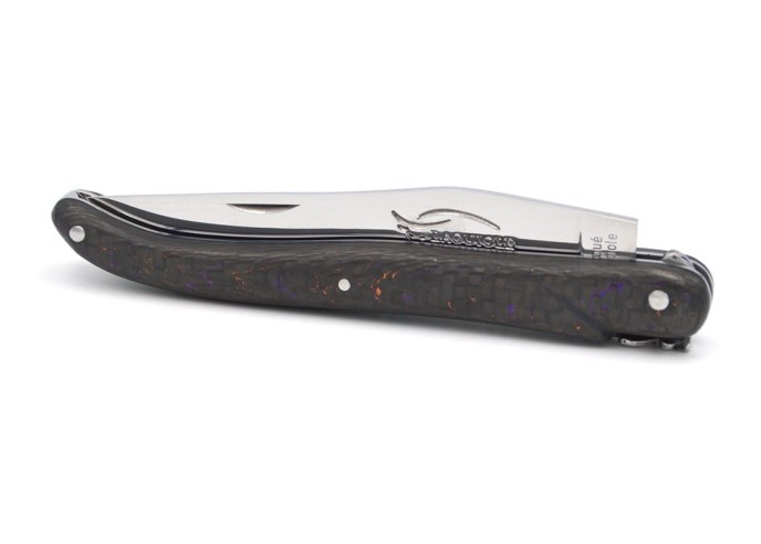 Laguiole Klappmesser, 12cm, Geschmiedete Biene, voller Griff aus Orange & Violett Carbonfaser