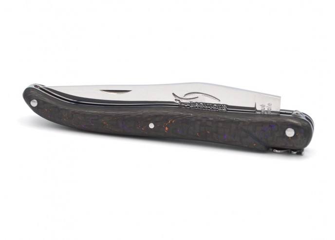 Laguiole pocket knife, 12 cm, forged bee, orange & purple carbon fiber, full handle
