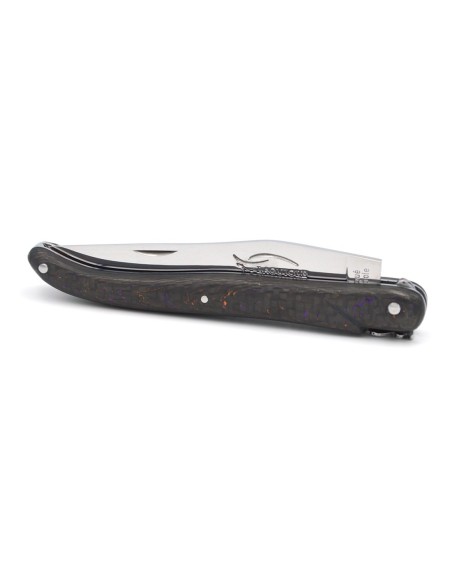 Laguiole Klappmesser, 12cm, Geschmiedete Biene, voller Griff aus Orange & Violett Carbonfaser