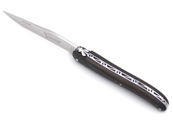 Laguiole Klappmesser, 12cm, Geschmiedete Biene, voller Griff aus Orange & Violett Carbonfaser