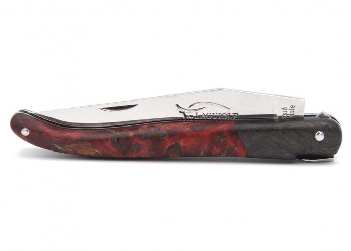 Laguiole pocket knife, 12 cm, smooth forged bee, fake carbon fiber bolster, red poplar burl handle