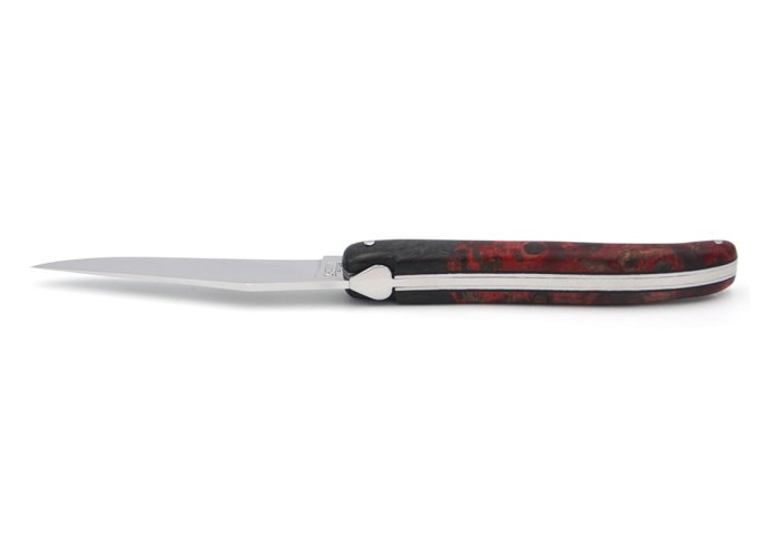 Laguiole pliant 12 cm, abeille forgée lisse, fausse mitre en fibre de carbone, manche en loupe de peuplier rouge