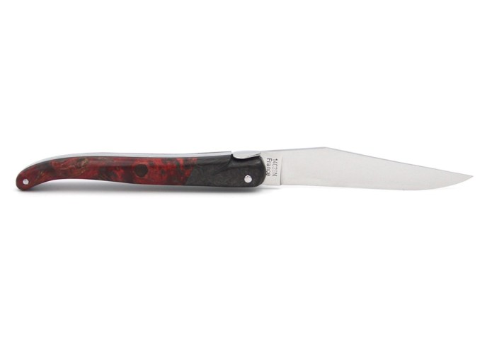 Laguiole pliant 12 cm, abeille forgée lisse, fausse mitre en fibre de carbone, manche en loupe de peuplier rouge