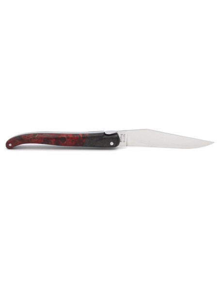 Laguiole pliant 12 cm, abeille forgée lisse, fausse mitre en fibre de carbone, manche en loupe de peuplier rouge