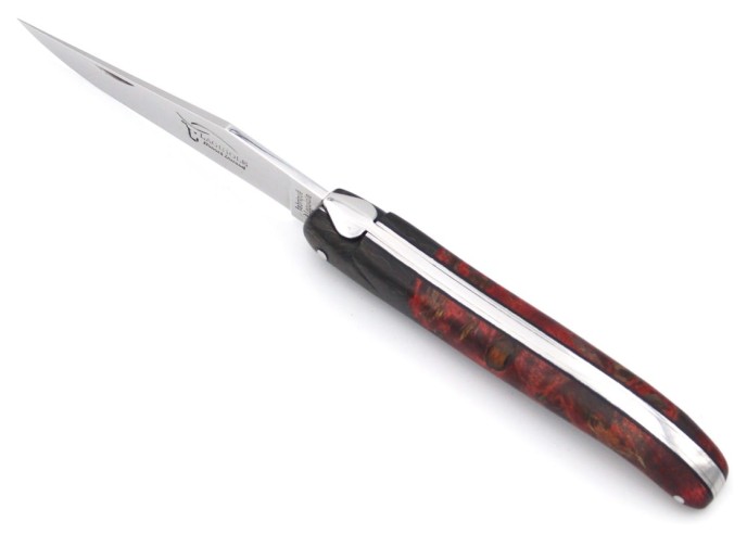 Laguiole pliant 12 cm, abeille forgée lisse, fausse mitre en fibre de carbone, manche en loupe de peuplier rouge