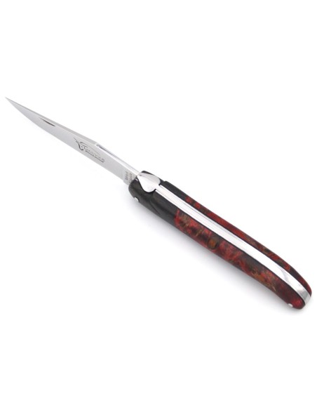 Laguiole pocket knife, 12 cm, smooth forged bee, fake carbon fiber bolster, red poplar burl handle