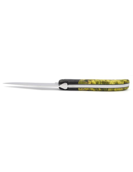 Laguiole Klappmesser, 12cm, glatt Geschmiedete Biene, falsche Heftbacke aus Kohlefaser, grün-gelber Griff aus Pappelholz