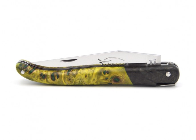 Laguiole pocket knife, 12 cm, smooth forged bee, false carbon fiber bolster, green-yellow poplar burl handle