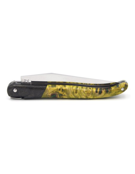 Laguiole pliant 12 cm, abeille forgée lisse, fausse mitre en fibre de carbone, manche en loupe de peuplier vert-jaune