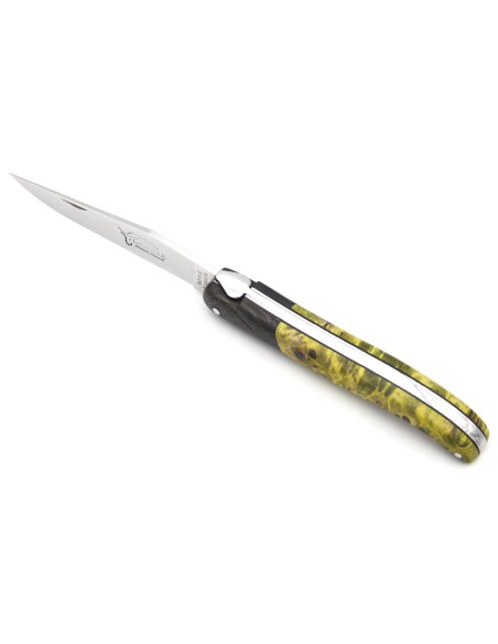 Laguiole pliant 12 cm, abeille forgée lisse, fausse mitre en fibre de carbone, manche en loupe de peuplier vert-jaune
