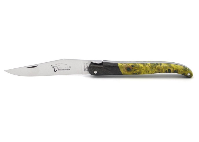 Laguiole pliant 12 cm, abeille forgée lisse, fausse mitre en fibre de carbone, manche en loupe de peuplier vert-jaune