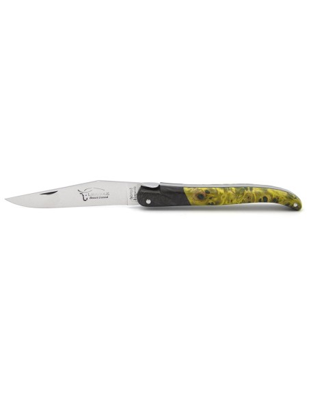 Laguiole pliant 12 cm, abeille forgée lisse, fausse mitre en fibre de carbone, manche en loupe de peuplier vert-jaune