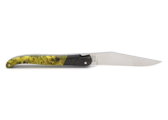 Laguiole Klappmesser, 12cm, glatt Geschmiedete Biene, falsche Heftbacke aus Kohlefaser, grün-gelber Griff aus Pappelholz