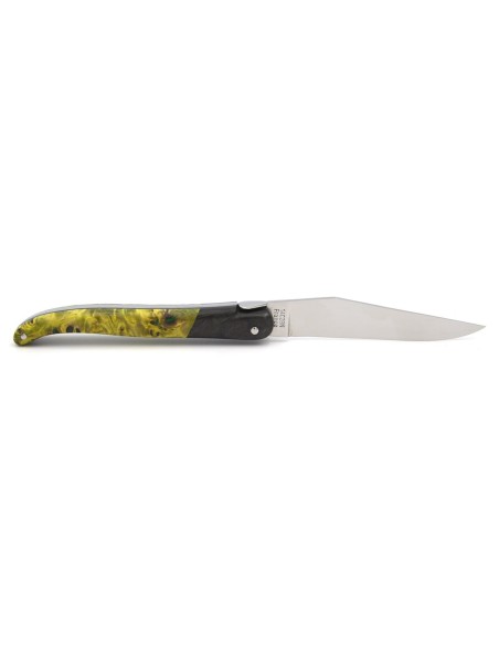 Laguiole Klappmesser, 12cm, glatt Geschmiedete Biene, falsche Heftbacke aus Kohlefaser, grün-gelber Griff aus Pappelholz
