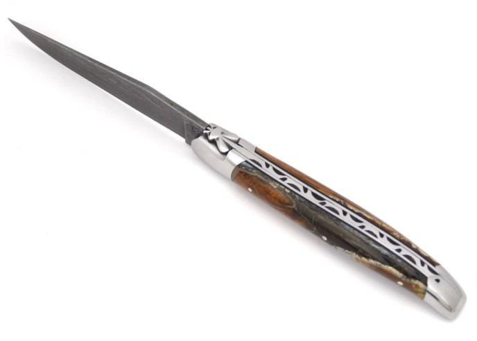 Laguiole 12 cm, lame damas, manche en molaire de mammouth marron