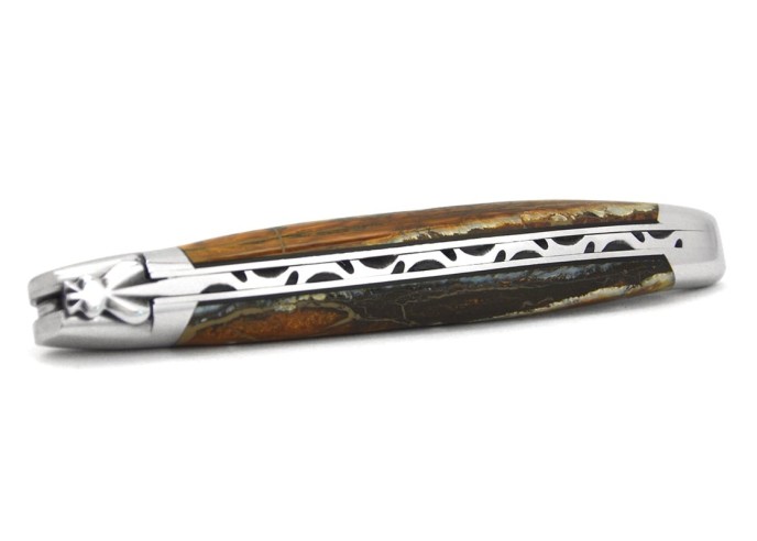 Laguiole 12 cm, lame damas, manche en molaire de mammouth marron