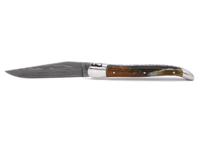 Laguiole Klappmesser 12cm, Damastklinge, Heftbacken aus glänzendem Edelstahl, Griff aus Mammutmolar