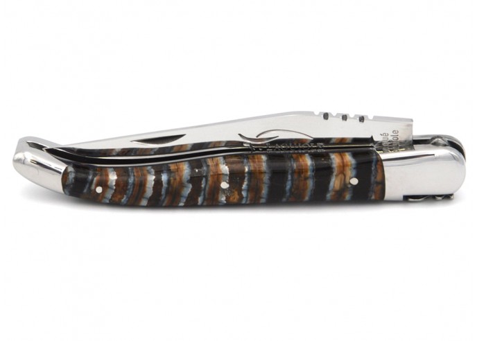 Laguiole pocket knife 12 cm, brown mammoth molar handle, forged bee, stainless steel bolsters