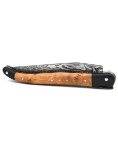 Laguiole pliant, 12 cm, acier Damas,  abeille et ressort ciselés burin, fausses mitres paperstone, manche en genévrier-cade