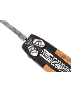 Laguiole pliant, 12 cm, acier Damas,  abeille et ressort ciselés burin, fausses mitres paperstone, manche en genévrier-cade 2