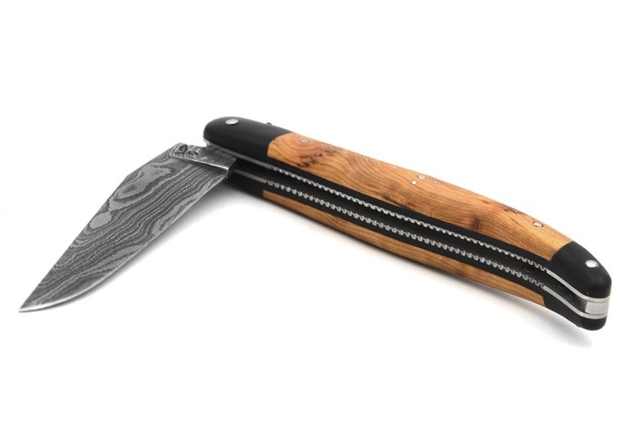 Laguiole pliant, 12 cm, acier Damas,  abeille et ressort ciselés burin, fausses mitres paperstone, manche en genévrier-cade