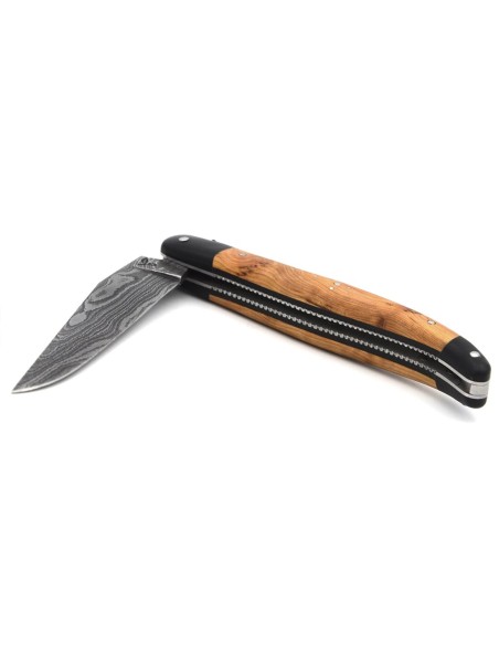 Laguiole pliant, 12 cm, acier Damas,  abeille et ressort ciselés burin, fausses mitres paperstone, manche en genévrier-cade