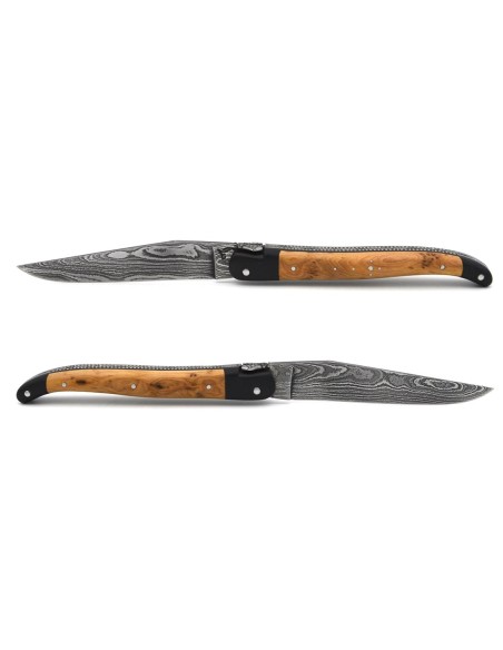 Laguiole pliant, 12 cm, acier Damas,  abeille et ressort ciselés burin, fausses mitres paperstone, manche en genévrier-cade