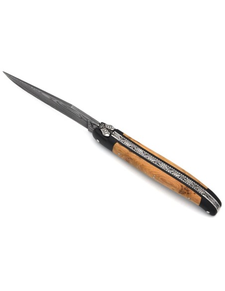 Laguiole pliant, 12 cm, acier Damas,  abeille et ressort ciselés burin, fausses mitres paperstone, manche en genévrier-cade