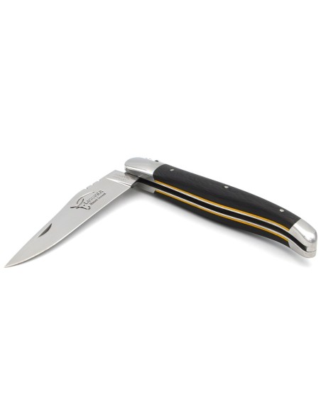 Laguiole pocket knife, 12 cm, forged bee, shiny stainless steel bolsters, carbon fiber handle with yellow vulcanized fiber