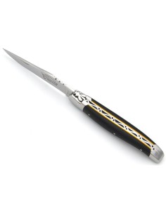 Laguiole Klappmesser, 12 cm, Geschmiedete Biene, Heftbacken aus glanzendem Edelstahl, Griff aus Karbonfaser mit gelb Vulkanfiber