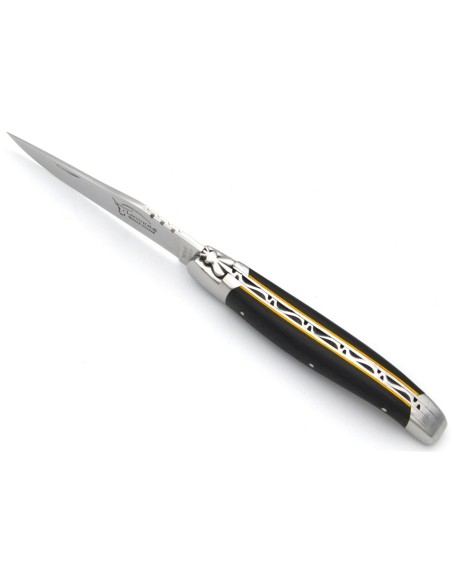 Laguiole pocket knife, 12 cm, forged bee, shiny stainless steel bolsters, carbon fiber handle with yellow vulcanized fiber