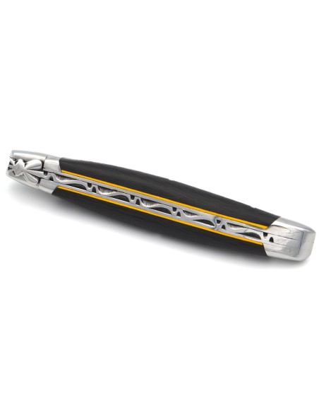 Laguiole pliant 12 cm, abeille forgée, lame seule finition brillant, manche en fibre de carbone avec intercalaire jaune