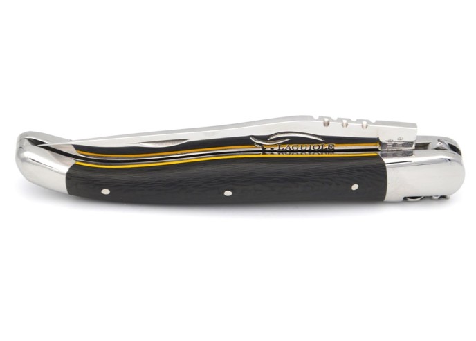 Laguiole pocket knife, 12 cm, forged bee, shiny stainless steel bolsters, carbon fiber handle with yellow vulcanized fiber