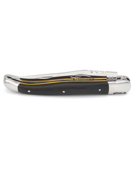 Laguiole pliant 12 cm, abeille forgée, lame seule finition brillant, manche en fibre de carbone avec intercalaire jaune