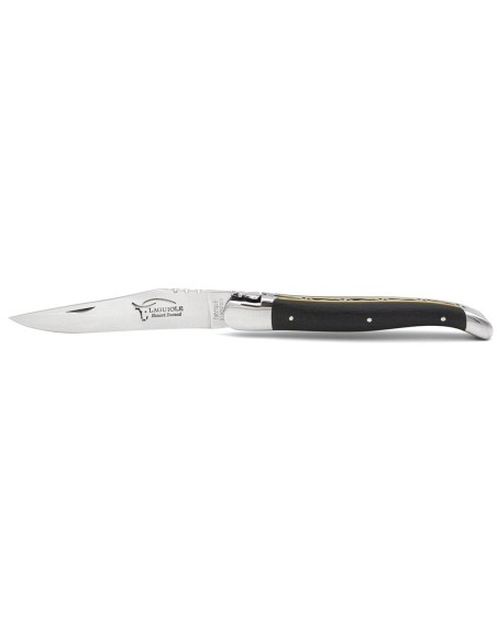 Laguiole pocket knife, 12 cm, forged bee, shiny stainless steel bolsters, carbon fiber handle with yellow vulcanized fiber