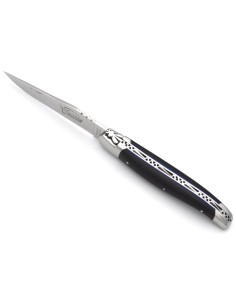 Laguiole pliant 12 cm, abeille forgée, lame seule finition brillant, manche en fibre de carbone avec intercalaire bleu