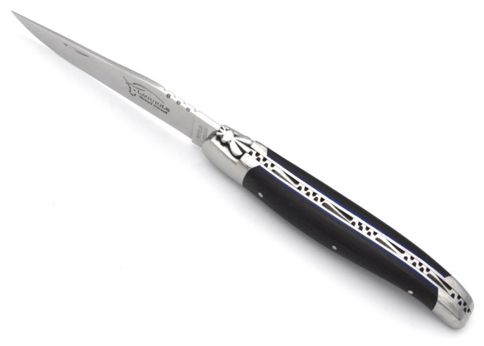 Laguiole pocket knife, 12 cm, forged bee, shiny stainless steel bolsters, carbon fiber handle with blue vulcanized fiber