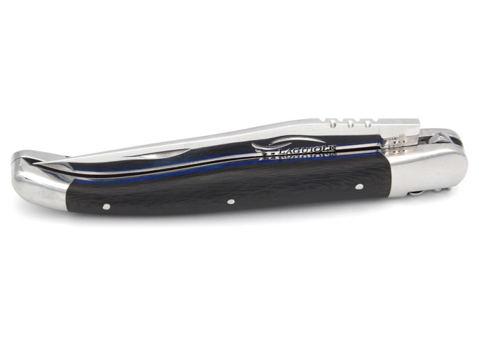 Laguiole pocket knife, 12 cm, forged bee, shiny stainless steel bolsters, carbon fiber handle with blue vulcanized fiber