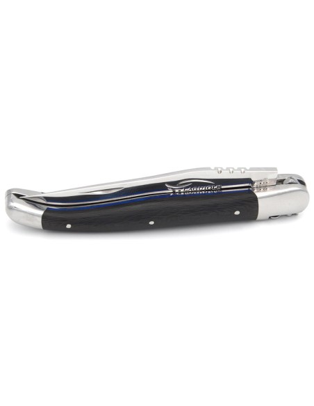 Laguiole pocket knife, 12 cm, forged bee, shiny stainless steel bolsters, carbon fiber handle with blue vulcanized fiber