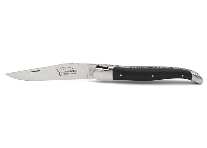 Laguiole pocket knife, 12 cm, forged bee, shiny stainless steel bolsters, carbon fiber handle with blue vulcanized fiber