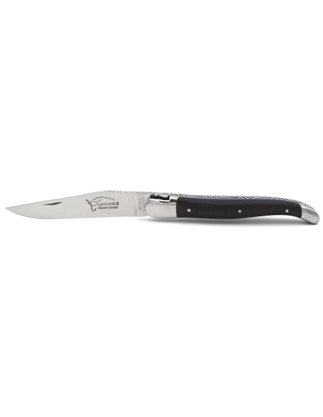 Laguiole pocket knife, 12 cm, forged bee, shiny stainless steel bolsters, carbon fiber handle with blue vulcanized fiber