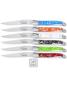 Laguiole steak knives, silver foil inclusion handle with shiny bolsters