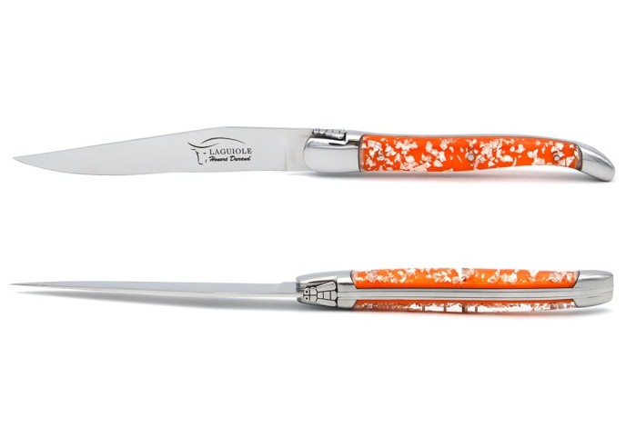 Laguiole steak knives, silver foil inclusion handle with shiny bolsters