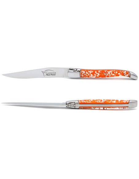Laguiole steak knives, silver foil inclusion handle with shiny bolsters