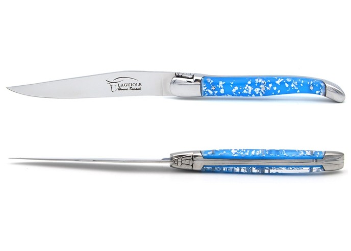 Laguiole steak knives, silver foil inclusion handle with shiny bolsters